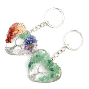 Wholesale Natural Stone Silver Heart Crystal Gravel Chakra Amethyst clear Quartz tiger Eye Red Agate Tree of Life Key Chain