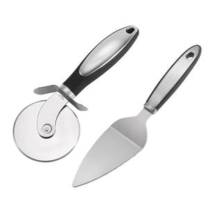 XHD Coupe-pizza à rouleau et spatule en acier inoxydable, ensemble deux pièces, manche en plastique, roue unique, antidérapant, durable, compatible four, sûr - Product Image 1