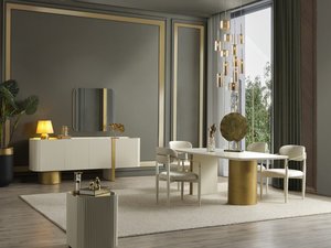 Juego de <span class=keywords><strong>mesa</strong></span> de comedor y comedor Rectangular de lujo de alta gama con pintura dorada y blanca de alto brillo y aparador - Product Image 3