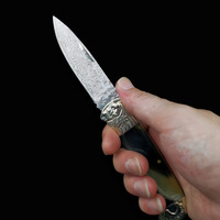 Couteau de poche Hongrui à lame Damas, couteau de camping pliable avec manche en cuivre blanc + corne de vache / os de vache