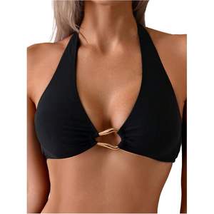 Top de Bikini Halter Personalizado para Mujer con Anillas y Lazos en la Espalda, Top de Baño Elástico de Spandex y Nylon para Vacaciones de Verano - Product Image 3