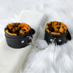 Leopard Print Leather Plush Handcuffs With Metal Chain For <b>Bondage</b> And Domination Adult Use - Product Image 1