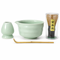 Service à thé Matcha vert émaillé personnalisé avec bol à bec verseur, support pour fouet, cuillère en bambou et Chasen pour cafés et boutiques de cadeaux