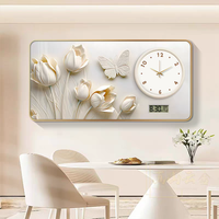 Lukisan Porselen Kristal Bunga Beige Mewah Terbaru 2026 dengan Jam Jarum Kalender, Dekorasi Rumah Floral untuk Ruang Tamu