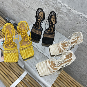 Sandalias de tacón de aguja con cordones y correa al tobillo, de malla, de tacón alto, estilo cuadrado, a la moda, para verano 2024 - Product Image 3