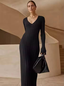 Vestido Casual de Punto para Mujer, Cuello <span class=keywords><strong>en</strong></span> V, Estilo Ribbed, Otoño Invierno 2026, Elegante, Plisado, Línea A, Vestidos Largos Casuales - Product Image 2