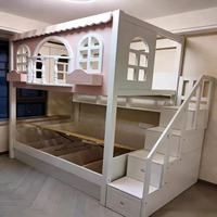 Lit superposé pour enfants sur le thème de la maison de poupées JS FURNITURE avec toboggan et bureau d'étude, ensemble de lit pour enfants en bois blanc