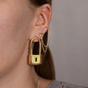 Yueli Lock Shape Gold <b>Stud</b> <b>Earrings</b> Geometric Design Unisex Everyday Wear - Product Image 2