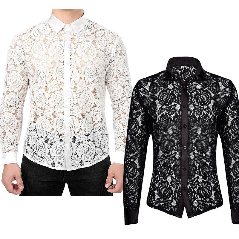 Men's Night Club Style Mesh See through Long Sleeve Shirts