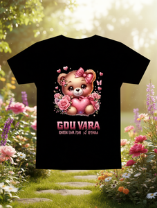 T-shirt da donna Teddy Bear con cuore e fiori, manica corta, in poliestere, design carino, girocollo, per primavera ed estate - Product Image 2