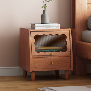 Retro <b>Bedside</b> <b>Table</b> Solid Wood Small Storage Cabinet Frosted Glass Nordic Style Bedroom Furniture - Product Image 1
