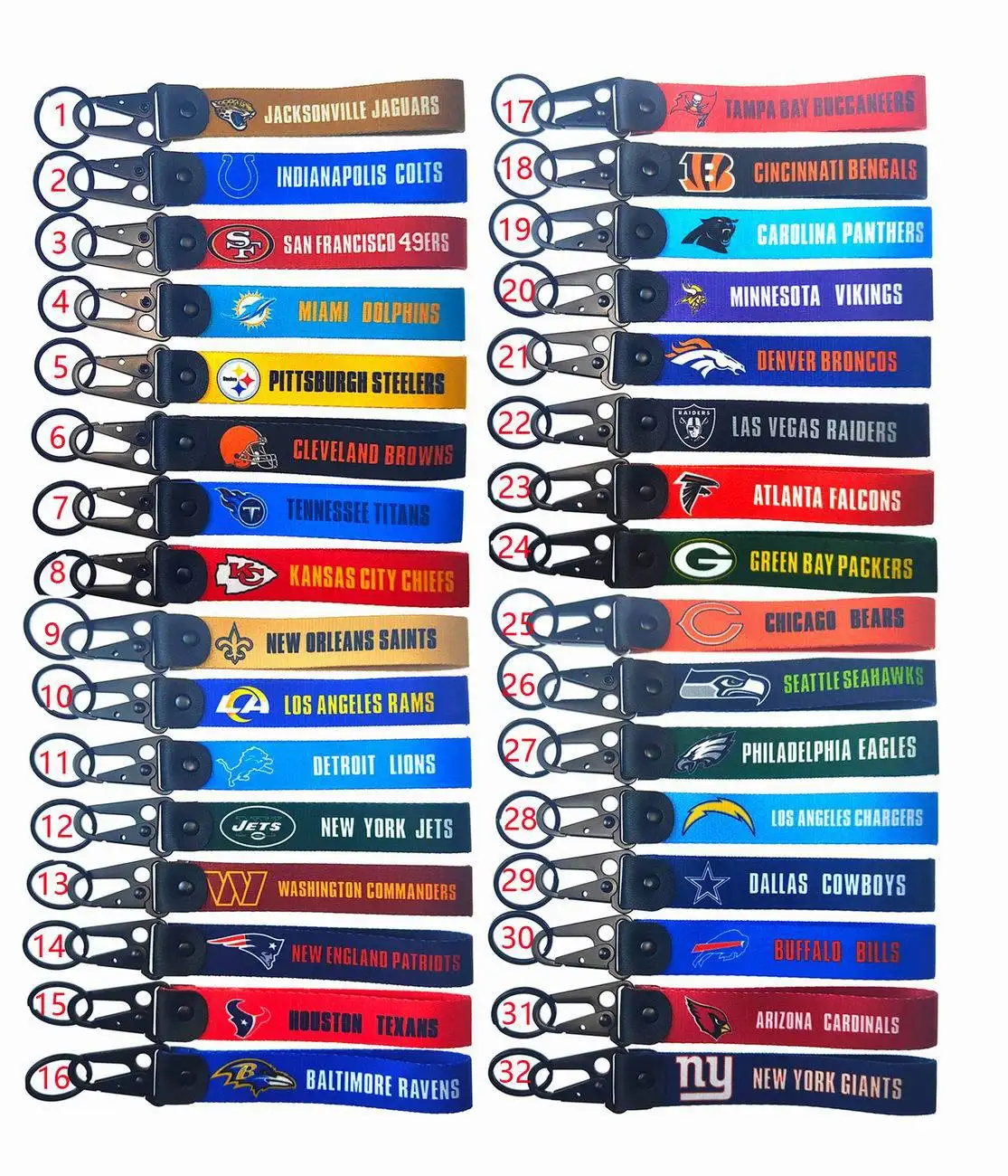 Yeni özel NFL karabina anahtarlık kordon Polyester kumaş dokuma bilek kayışı futbol takımı Logo anahtar etiketi
