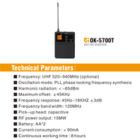 Micrófono inalámbrico profesional 2 canales Micrófono de condensador de la serie con MICROFONO DE PAQUETE DE CUERPO DE OK-5700T