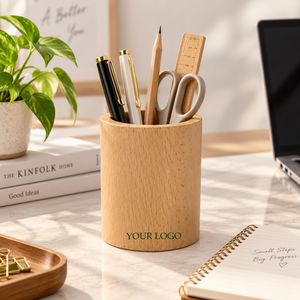Custom Logo Natural Beech Wood <b>Pen</b> <b>Holder</b> Desktop Pencil Cup Wooden <b>Desk</b> Organizer Corporate Gift OEM Manufacturer - Product Image 4
