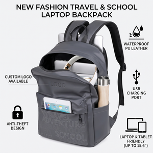 Fashion Unisex Travel Waterproof PU Leather Laptop <b>Backpack</b> Custom Logo Anti-Theft School Bag with USB Charging Letter Pattern - Product Image 1