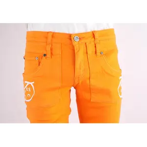 Sticken Sie Pantalon taillierte Hose benutzer definierte dünne orange Mode Denim Stack Jeans für Männer