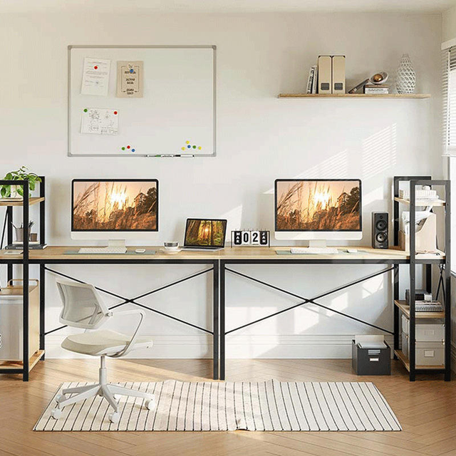 Ergonomic Computer Desk with Shelving Unit Industrial Wood Top Study Work Table
