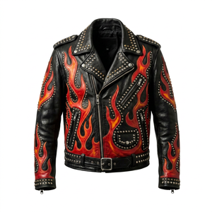 Chaqueta de Cuero Desgastado con Diseño de Llamas para Hombre FURAT LEATHERS, Transpirable, Cuello Alto, Cierre de Cremallera con Logotipo Frontal, Exterior de Nailon/Algodón, Estilo Casual - Product Image 1