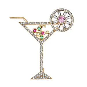new product ideas 2024 2022 Fun Girls Cute Cocktail Glass Cubic Zircon Decorative Pins Gold CZ Jewelry Safe Pin Hijab Color Lemon Fruit Suit Brooches