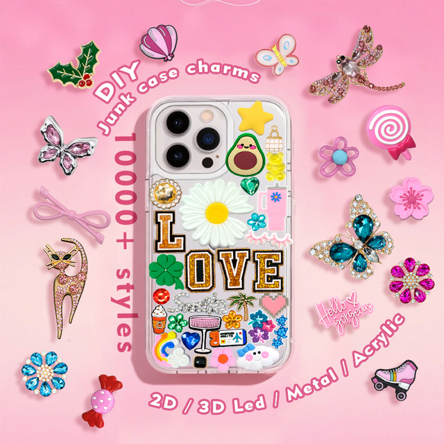 DIY Kawaii Cute Bling Pink Food Phone Case Decor Stickers Animals PVC Charms for iPhone Case Accessories Bow Junk case Charms