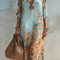 Robe longue bohème respirante à imprimé, pour femme, à manches mi-longues, fendue, style cache-maillot de plage, coupe ample, en fibre de polyester