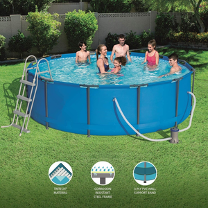 ลดราคาสินค้าเกินสต็อก QIQU 50% ได้รับการรับรองมาตรฐาน CE และ CA65 ปลอดภัย ไร้สารพิษ มาตรฐานสหรัฐอเมริกา 110V สระว่ายน้ำแบบมีปั๊มพร้อมบันได 16 ฟุต โครงเหล็กพื้นดิน วัสดุ PVC - Product Image 1