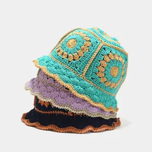 Vintage Hollow Out Flower Winter Knitted Fisherman Cap Handmade Ladies Crochet Bucket Hat For Women