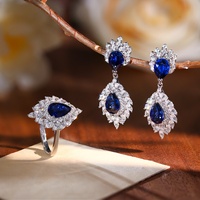 Set Perhiasan Perak Gaya Mewah Ringan Wanita Terlaris 6x9mm Berbentuk Tetesan Air Mata 1.5 Karat Cincin dan Anting Safir Buatan Laboratorium 925