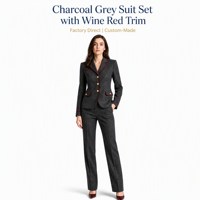 Conjunto de Traje Blazer Personalizado de Mezcla de Lana Carbón para Mujer con Botones Metálicos Dorados, Ribete en Contraste y Pantalones de Pierna Recta de Corte Ajustado al por Mayor