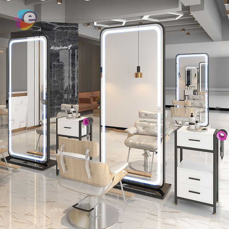 Custom Dark Grey Hair salon Floor Display Stand Glass Showcase Design hair dressing work station with mirror Display