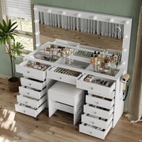 Grande table de maquillage de salon en bois nordique avec 13 tiroirs, coiffeuse de studio avec Bluetooth et charge
