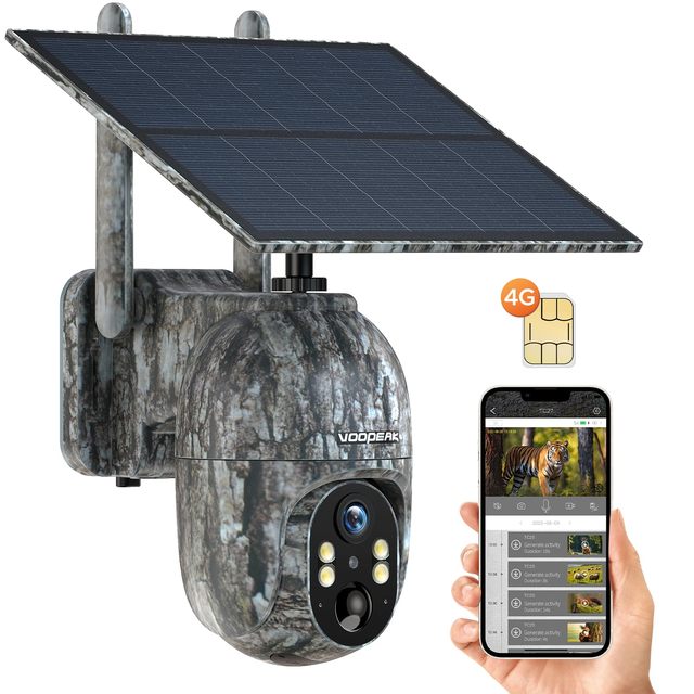 VOOPEAK 4G LTE Cellular Trail Camera Solar Powered 2.5K Live Streaming Pan Tilt Wildlife Hunting Cam Outdoor Security Monitoring
