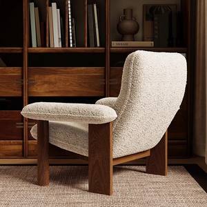 Hotel Lounge Chair Solid Wood Oak Cream Lamb Wool Upholstery Indoor Study Room Chair - Product Image 3