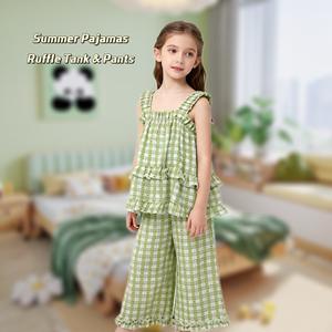 Set Pigiama Estivo Casual a Quadretti per Ragazze Canotta con Volant e Pantaloni a Gamba Larga 100% Poliestere Traspirante Leggero Abbigliamento da Casa - Product Image 1