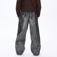 Pantalon en jean délavé tie-dye coloré à jambe large, style rétro graffiti fait main, inspiré de la mode urbaine américaine pour homme