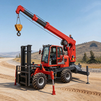 Chariot élévateur tout-terrain diesel multifonctionnel 4x4 avec grue à flèche hydraulique montée à l'arrière et mât à deux étages pour terrains montagneux