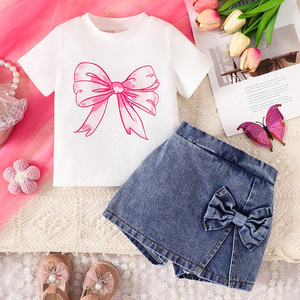 Conjunto de Ropa de Verano para Niñas, Camiseta Informal de Manga Corta con Estampado de Lazo y Pantalones Cortos de Mezclilla, 2 Piezas, <span class=keywords><strong>Boutique</strong></span> Infantil, Tallas 3T 4T Mixtas - Product Image 6