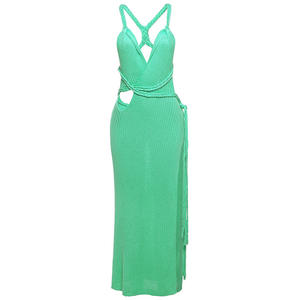 Vestido largo de punto con abertura alta y espalda descubierta para mujer, vestidos verdes acanalados con cuello en V, vestidos femeninos de verano 2025 para mujer, batas de fiesta en la playa, novedad - Product Image 5
