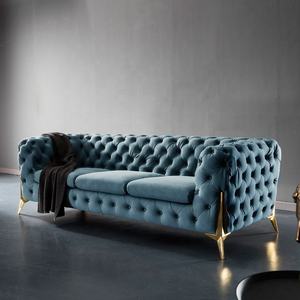 <span class=keywords><strong>Sofa</strong></span> kaki emas gaya Italia, kancing dalam rumbai beludru kulit - Product Image 1