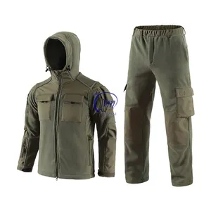 Perangkat jaket dan celana pria, taktik bulu hangat untuk musim dingin, mendaki gunung, berburu, luar ruangan, Set jaket dan celana panjang pria