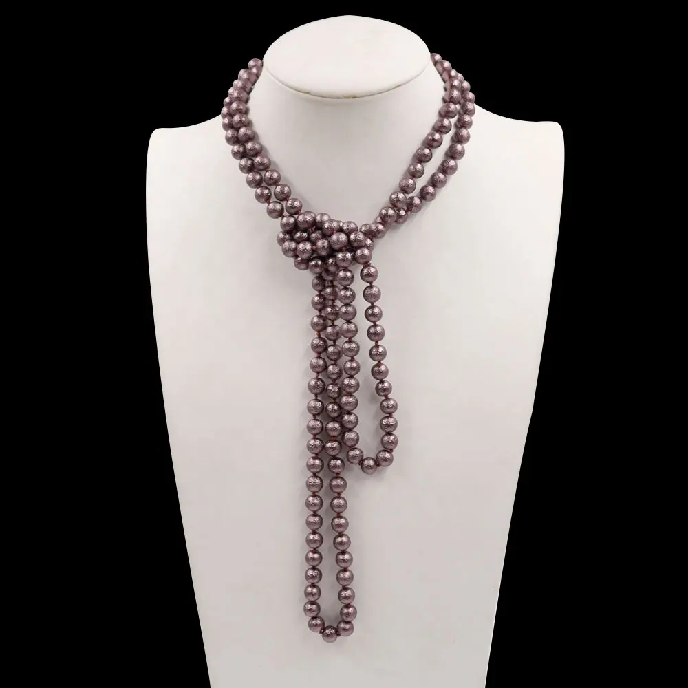 Dark Brown 8mm Beaded Cotton Lariat Necklace with Pearl 150cm Length Plated Knotted Chains for Jewelry Party Fashion Show Gift