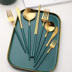 Conjunto de talheres de mesa Royal Green 304 para bife em aço inoxidável Conjunto de talheres de luxo em ouro