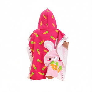 HDJ Kids Bunny Hooded <b>Towel</b> <b>Poncho</b> Pink Carrot Print Quick Dry Terry Fabric One Size Bathrobe For Toddlers - Product Image 1