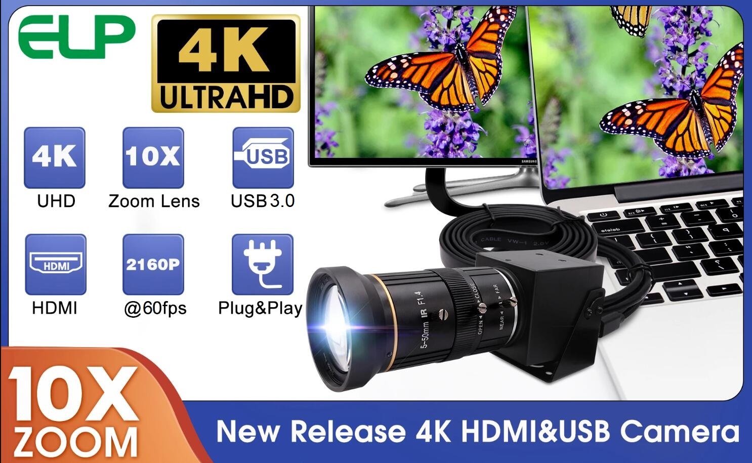 ELP USB3.0 HDMI カメラ CS 5-50mm 10倍ズーム 4K ウェブカメラ