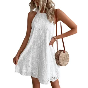 Summer Women Halter-neck Sexy Dress Unique Sleeveless Loose Waist Hollow Out A-line Lady Fashion Solid Color Casual Short Dress