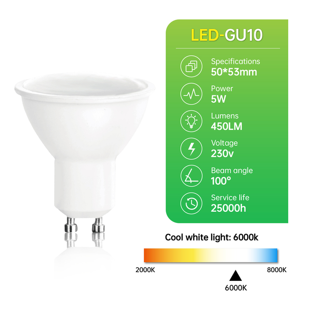 Factory Direct Sale 5w Gu10 Led Spotlight Bulb 450lm Cool White 6000k 230v 100 Beam Angle 25000h Long Life