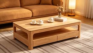 Table basse minimaliste en chêne avec 2 tiroirs et étagère de rangement - Product Image 2