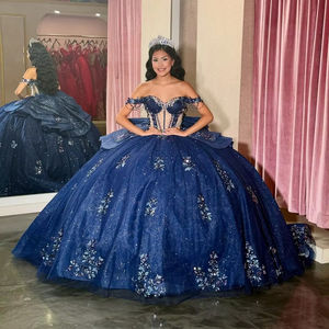 Ruolai QD060 2026 gaun bola biru dongker gaun Quinceanera manik-manik Applique berkilau manis 16 Vestidos De 15 Anos - Product Image 1
