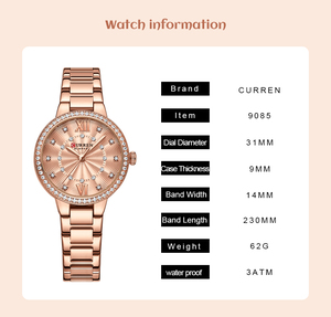 Montre à quartz simple pour femme CURREN 9085, étanche, bracelet en acier inoxydable, style professionnel et élégant pour femme, cadeau pour les amies - Product Image 6