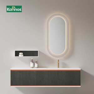 Ensemble de meubles-lavabos de salle de bain modernes de luxe en céramique vert sauge avec miroir LED arqué à cadre doré et double vasque murale - Product Image 1